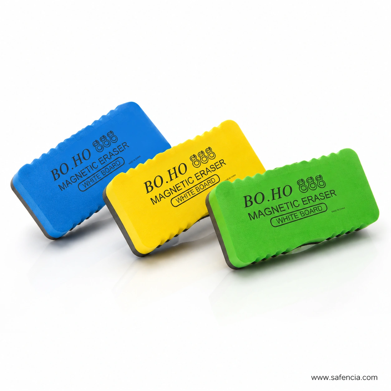 Close view of the magnetic whiteboard erasers showing the printed BO.HO 888 branding and wave-cut foam sides