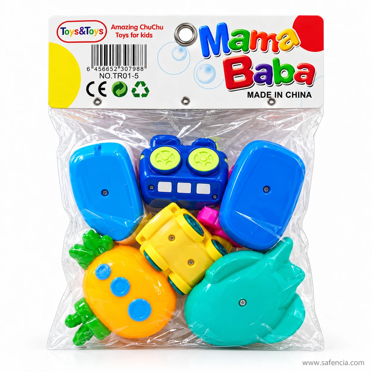 Back of the Mama Baba chu chu toys bag showing the vehicles from underneath through the plastic