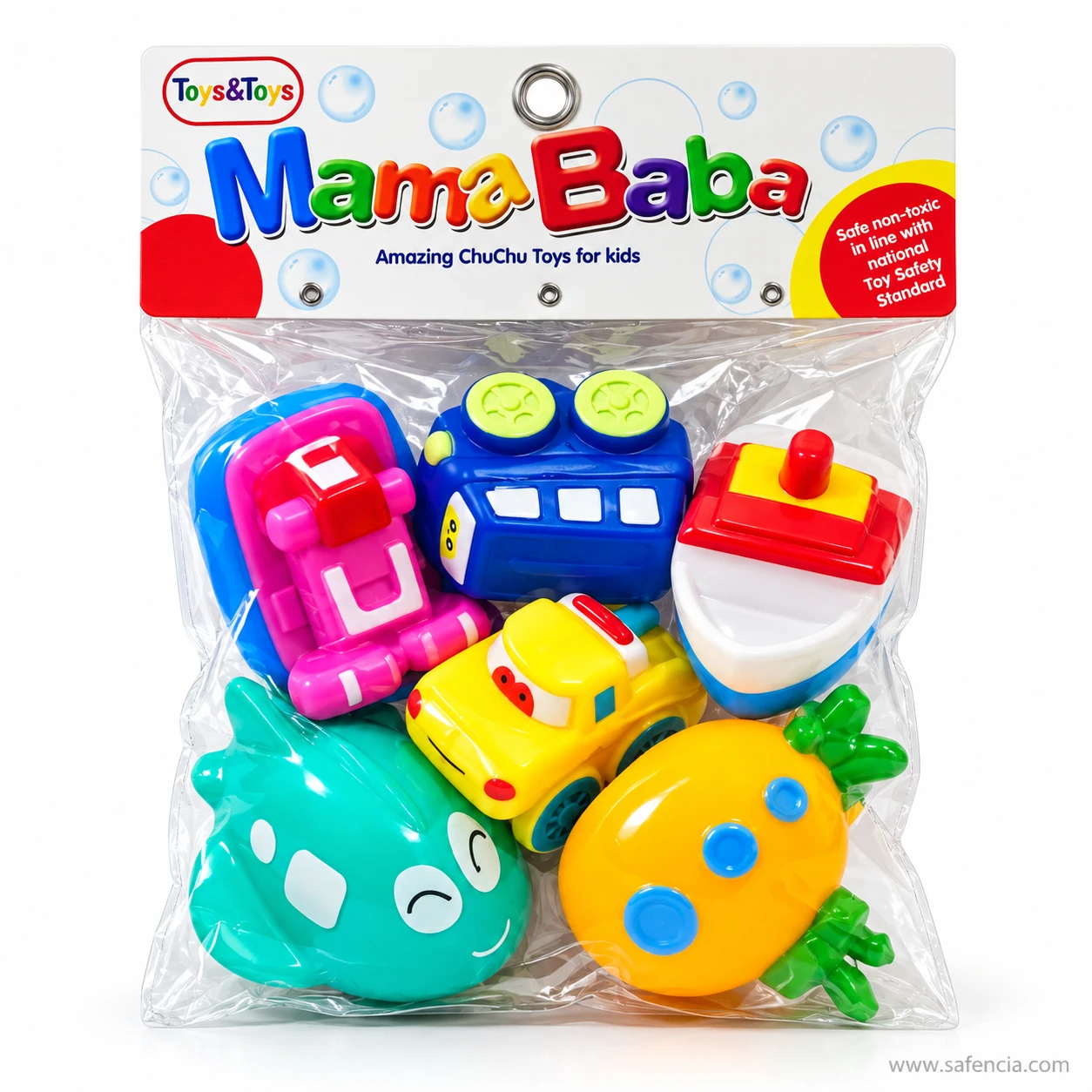 Mama Baba Amazing ChuChu Toys bag holding six squeaky vehicle bath toys in two rows