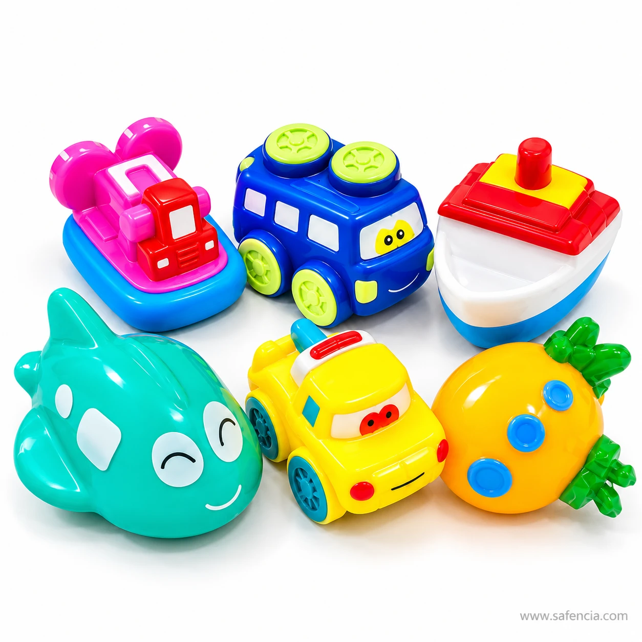 Mama Baba chu chu bath toys in two rows showing the smiling aeroplane and the yellow car's face