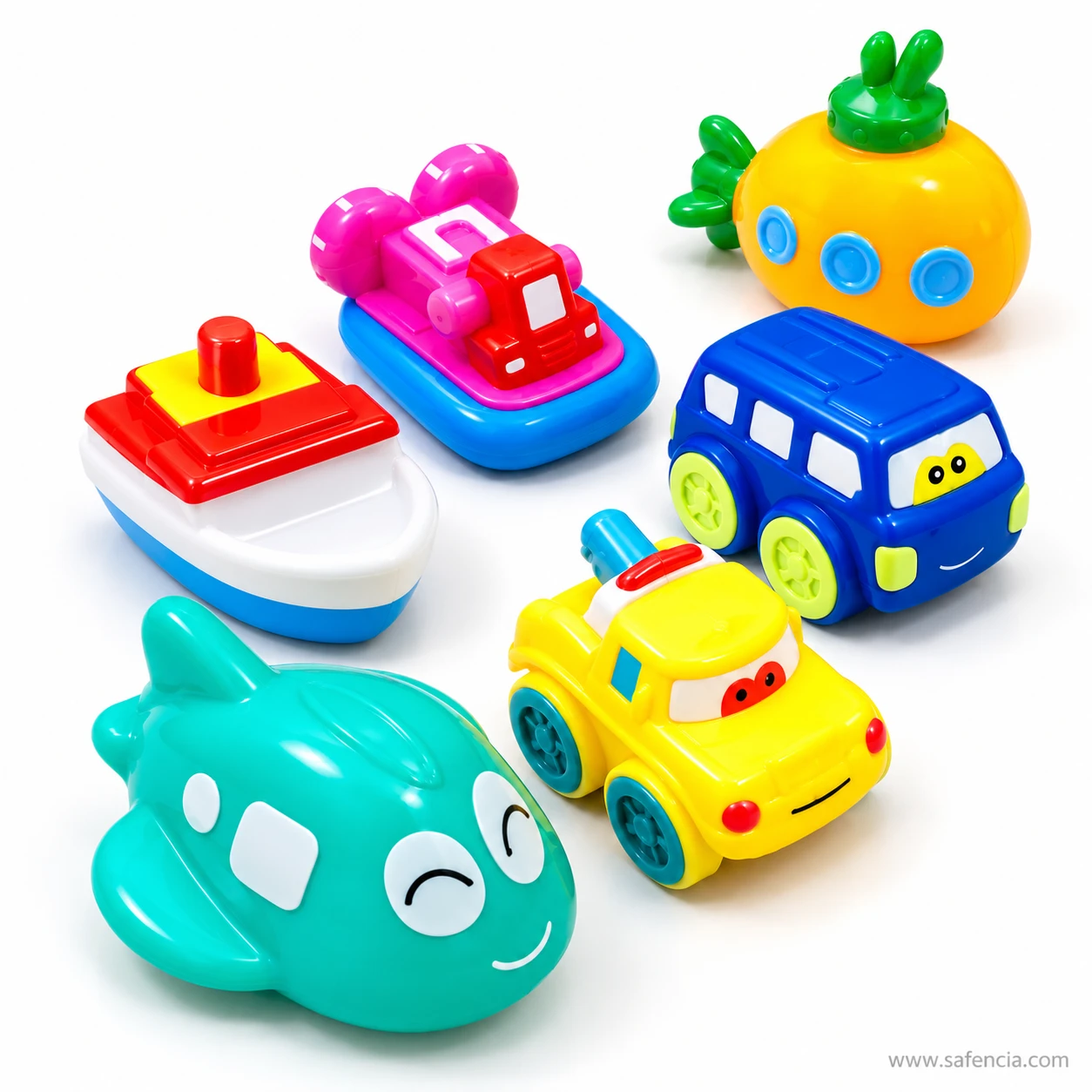 Six squeaky chu chu vehicles spread out: ship, speedboat, pineapple, bus, aeroplane and yellow car