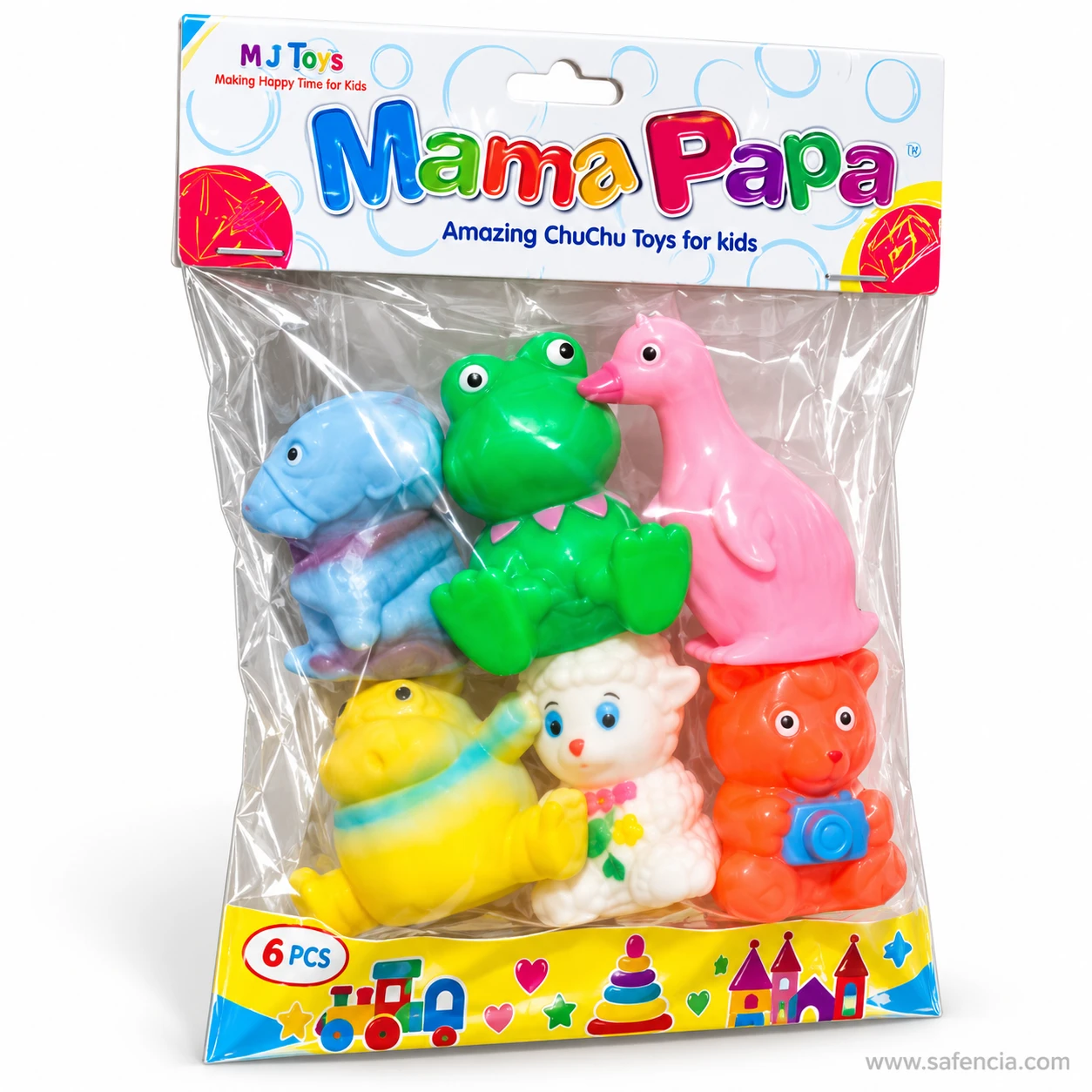 Mama Papa Amazing ChuChu Toys bag holding six soft squeaky animals, marked 6 pcs on the card
