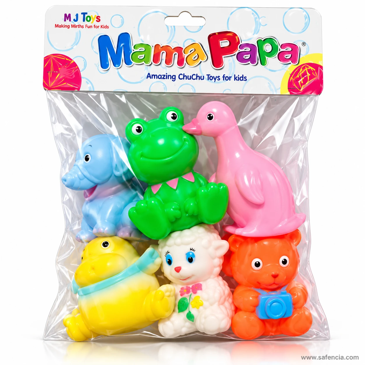 Front of the Mama Papa chu chu animal toys bag with the six animals packed in two rows