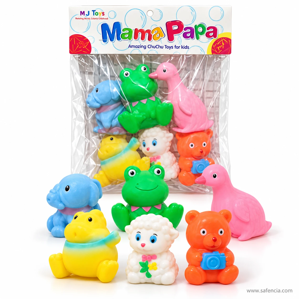Elephant, frog, goose, hippo, lamb and bear chu chu toys standing in front of their packed bag
