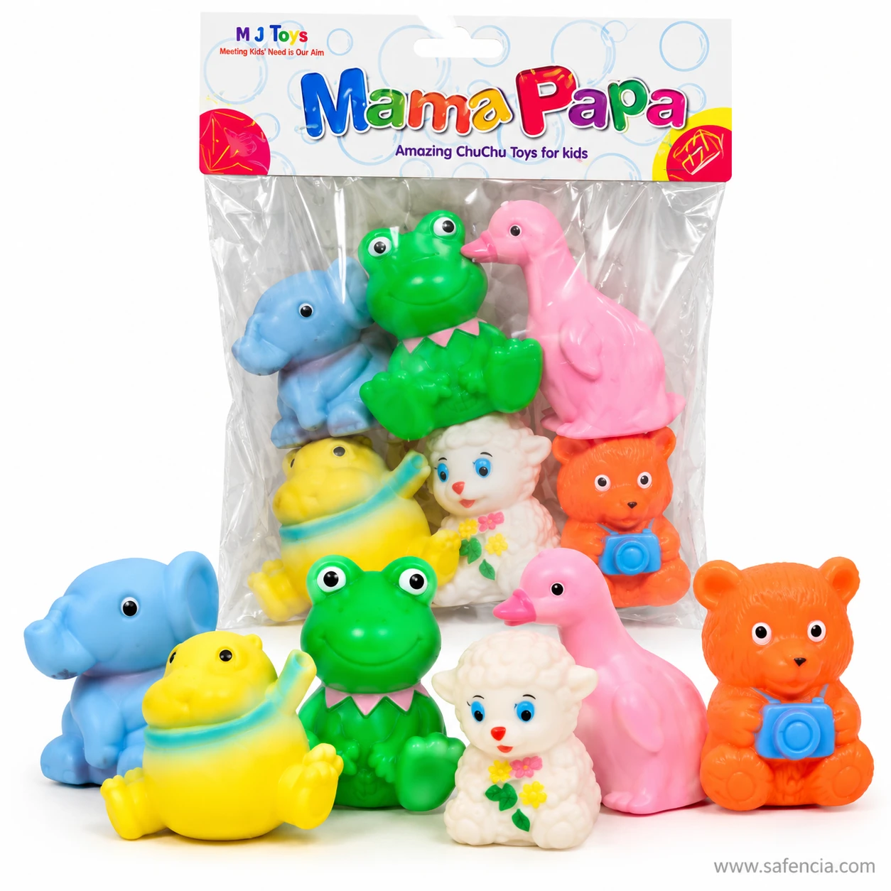 Six squeaky chu chu animals set out in a row in front of the Mama Papa bag they come in
