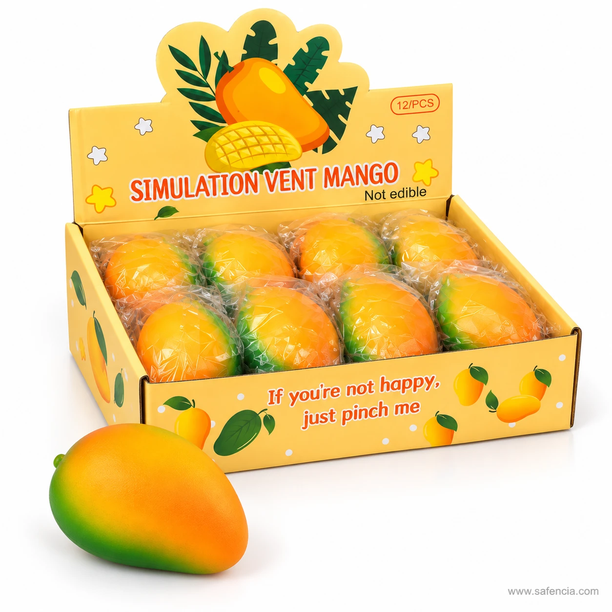 Unwrapped mango squishy lying in front of the Simulation Vent Mango twelve-piece display