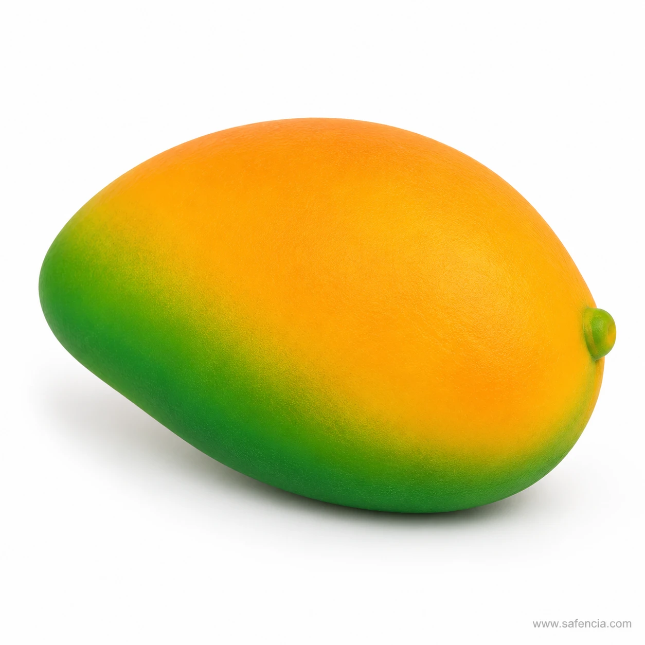 Mango squishy lying on its side showing the green shoulder, yellow body and small stalk nub