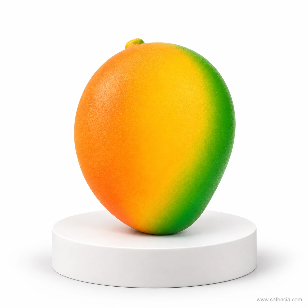 Mango squishy standing on a round white display stand against a white background