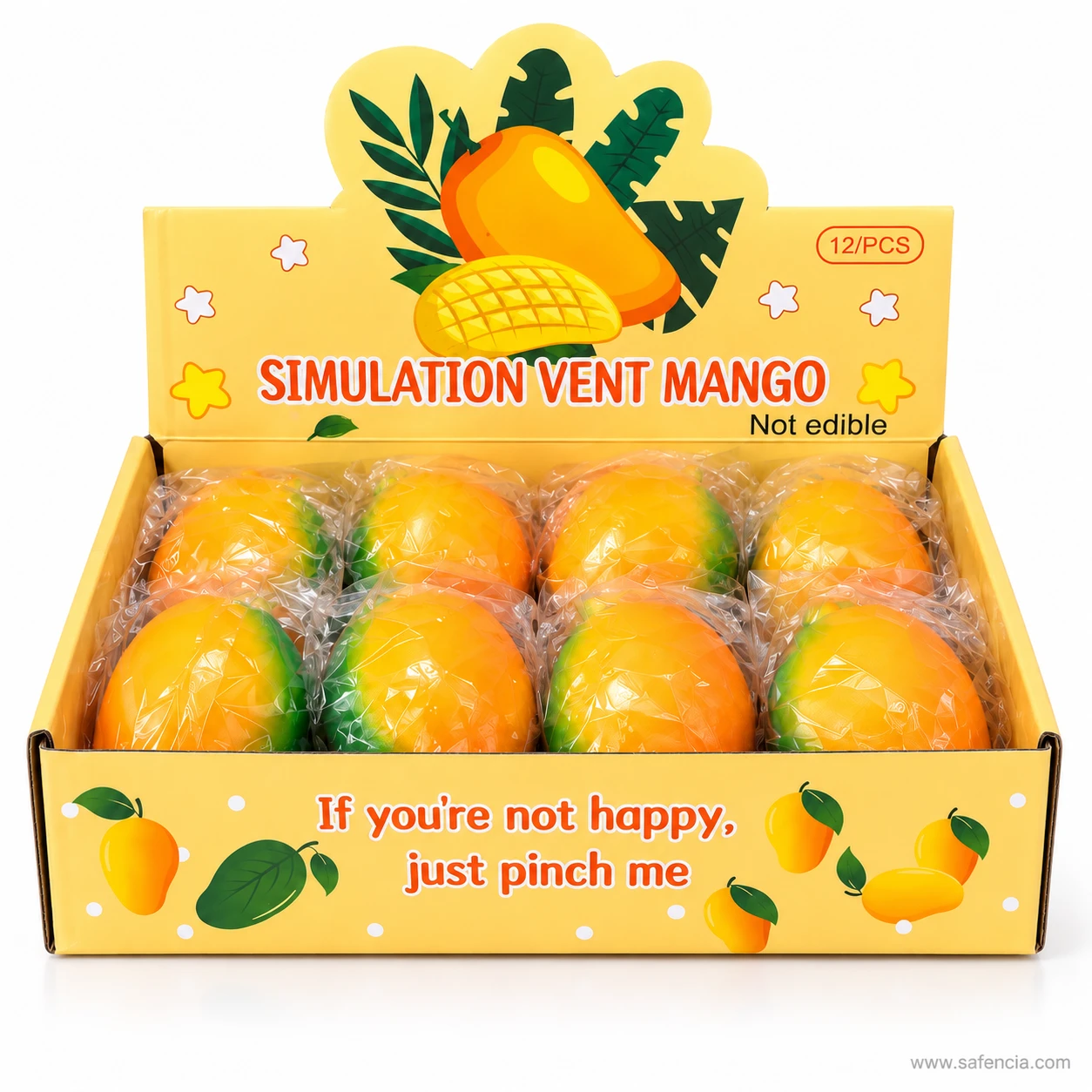 Twelve wrapped mango squishies in a yellow display box reading If you're not happy, just pinch me