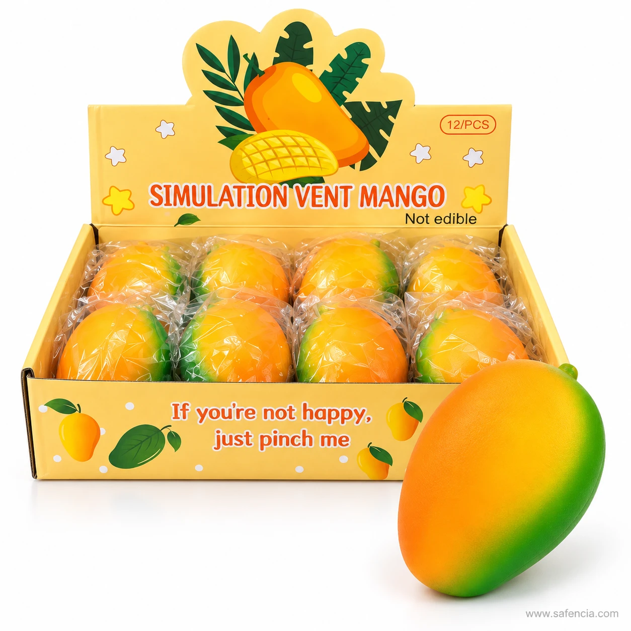 Mango squishy in front of a Simulation Vent Mango display box marked not edible and 12 pieces