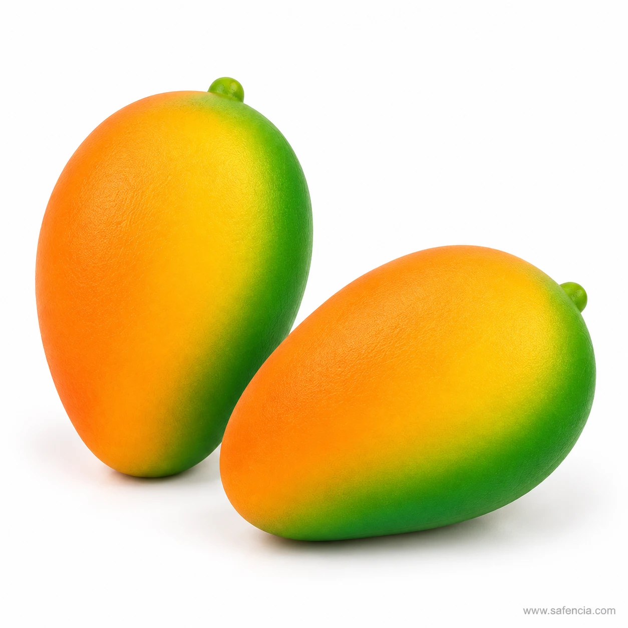 Two mango squishies side by side, one upright and one lying down, in ripe mango colours