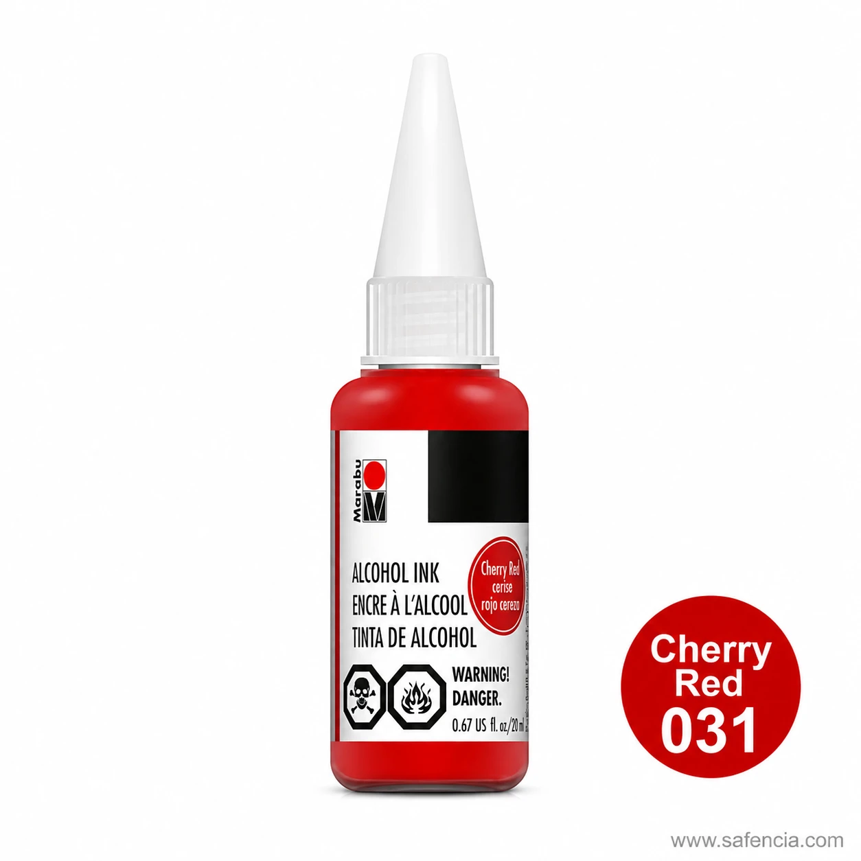 Marabu Alcohol Ink cherry red 031 bottle with the hazard pictograms visible