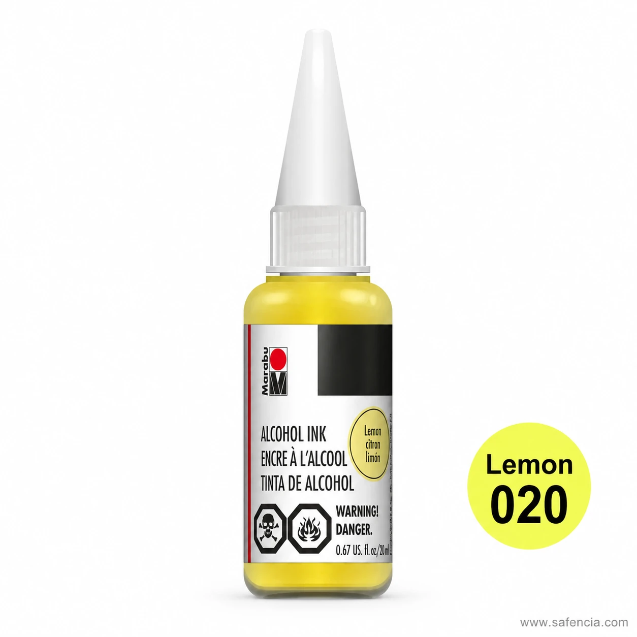 Marabu Alcohol Ink lemon 020 bottle showing the bright yellow ink