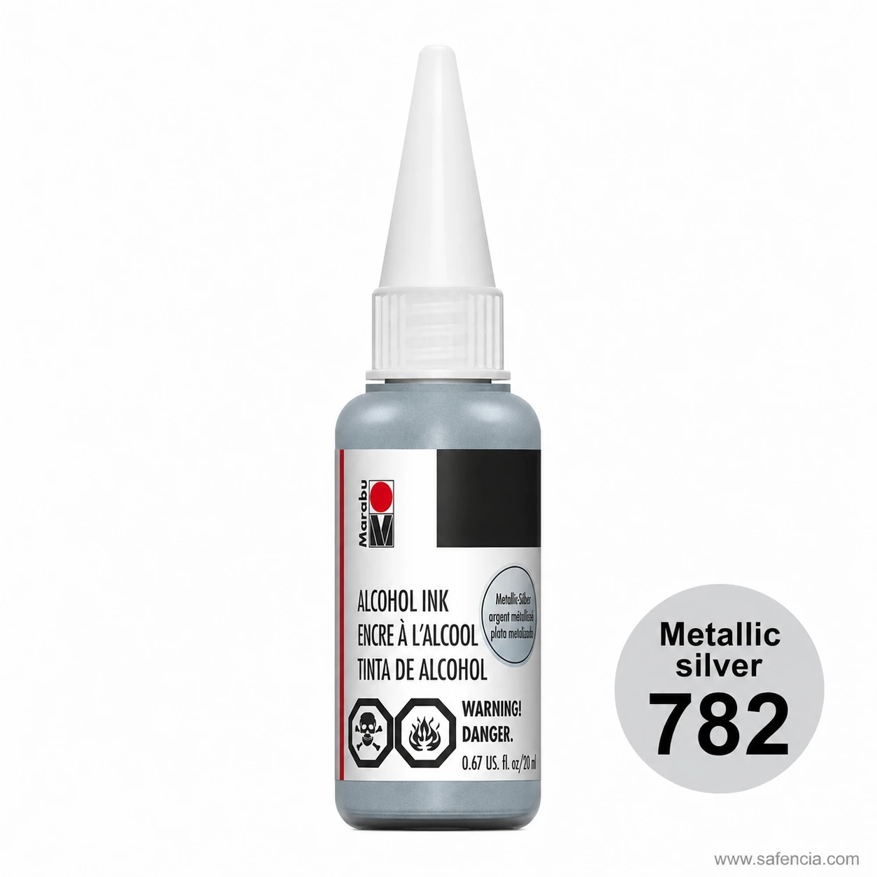 Marabu Alcohol Ink metallic silver 782 bottle with the colour number on a grey disc
