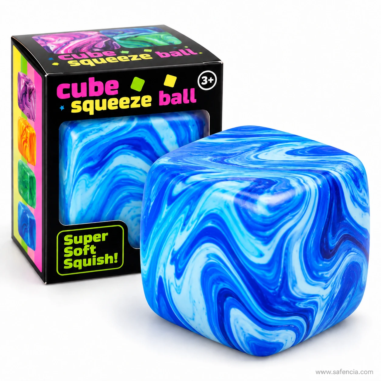 Blue and white marble swirl squishy cube in front of its black Cube Squeeze Ball box