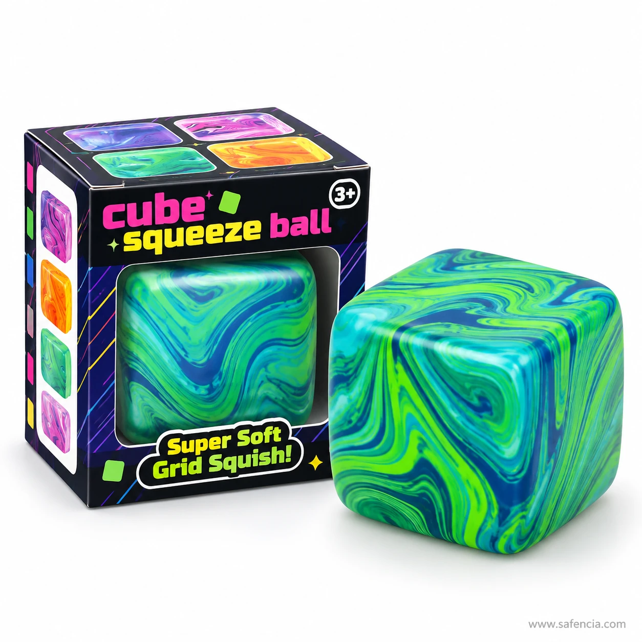 Green and teal marble swirl squishy cube beside a box marked Super Soft Grid Squish