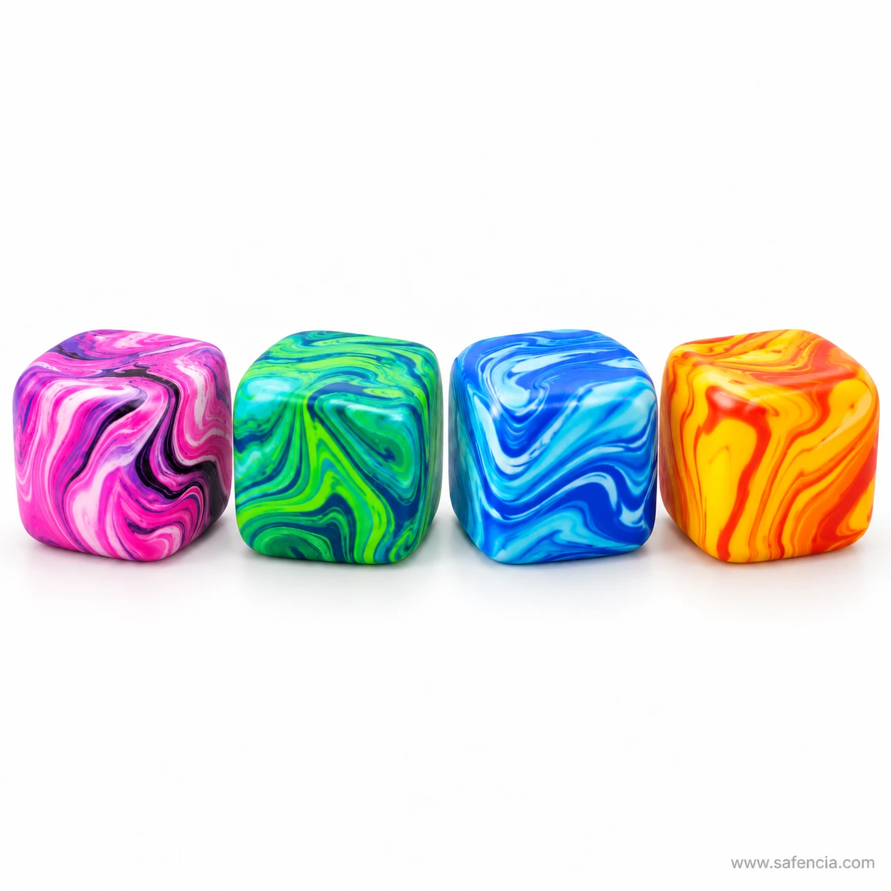 Four marble swirl squishy cubes in pink, green, blue and orange arranged in a straight line