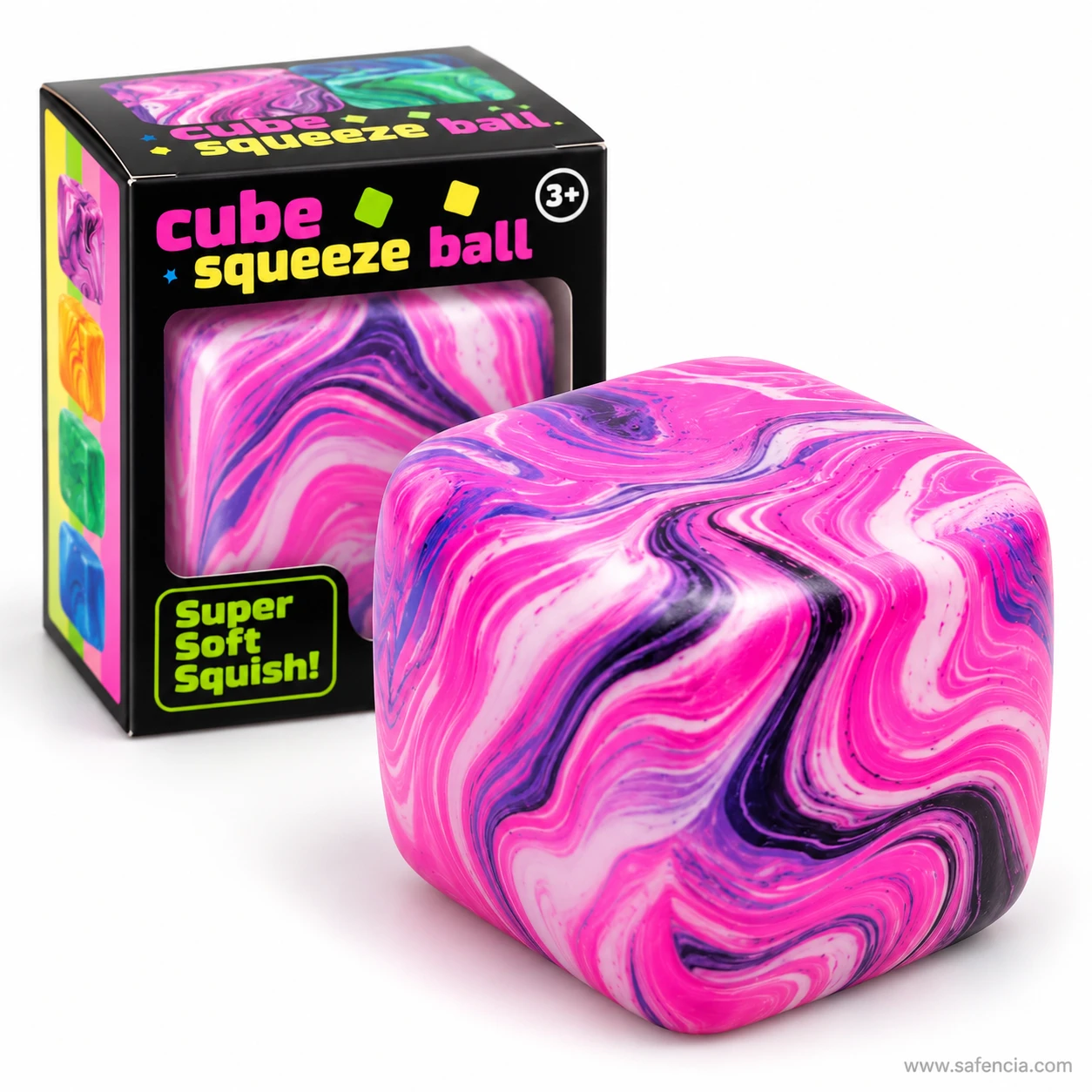 Pink marble swirl squishy cube at an angle beside its black box with a clear window