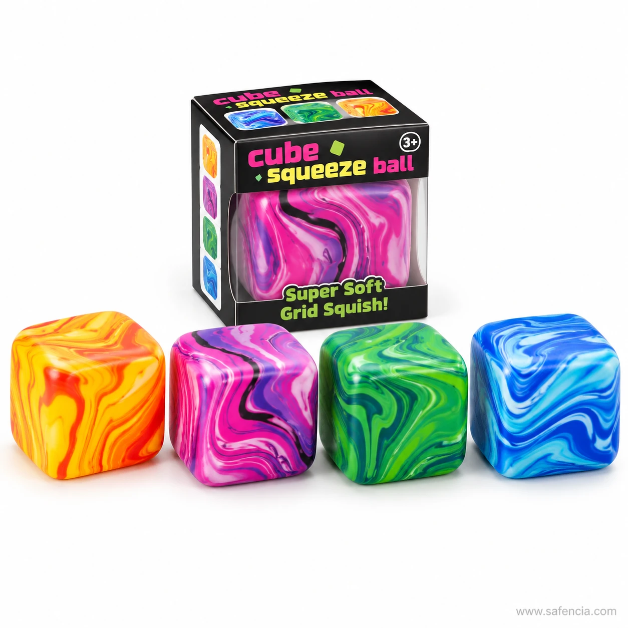 Row of orange, pink, green and blue marble swirl squishy cubes in front of a Cube Squeeze box