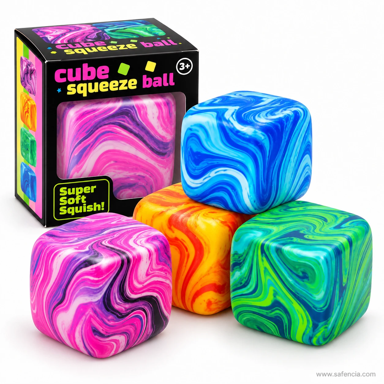 Marble swirl squishy cubes in blue, orange, green and pink beside a black Cube Squeeze Ball box