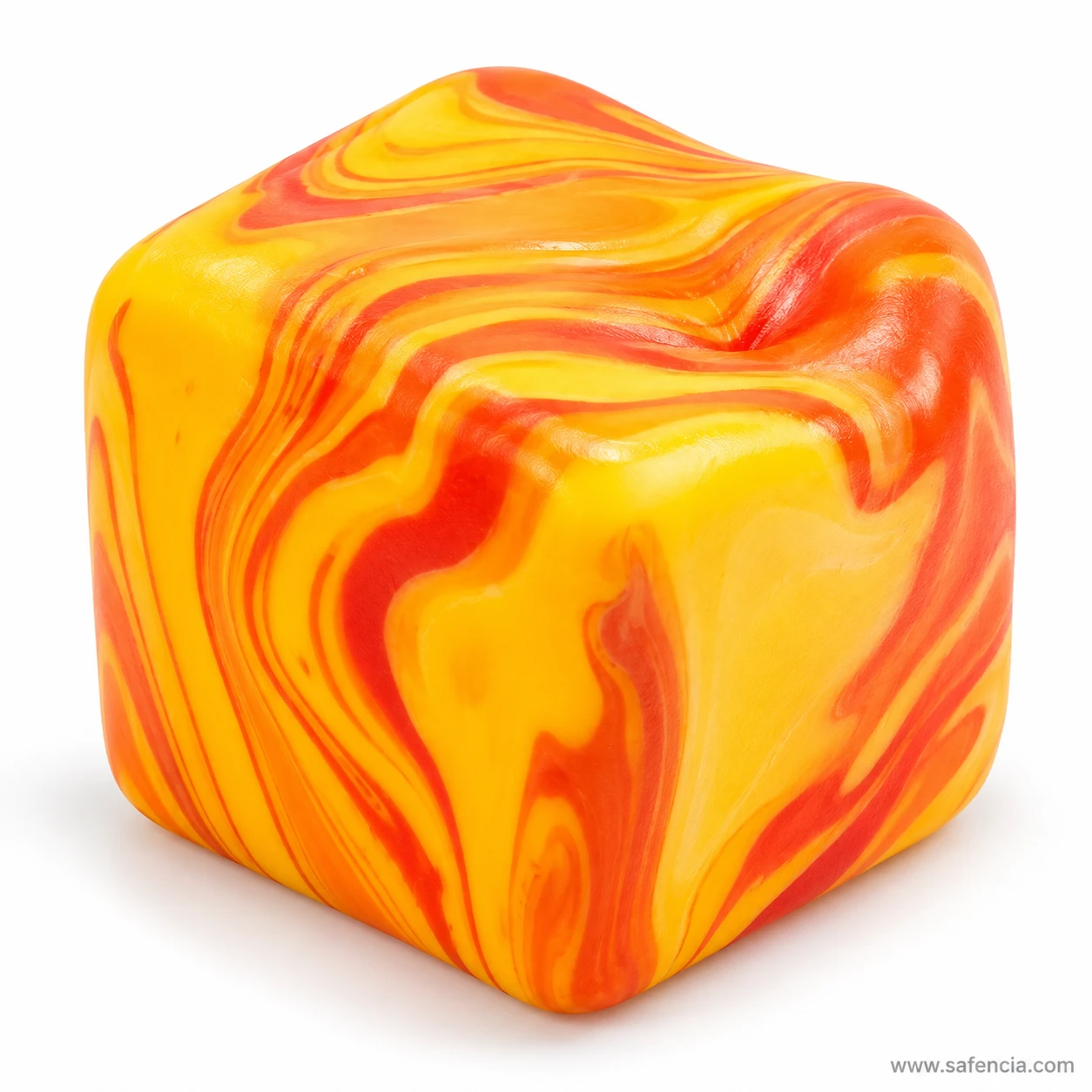 Orange and yellow marble swirl squishy cube with red streaks, shown close up on white