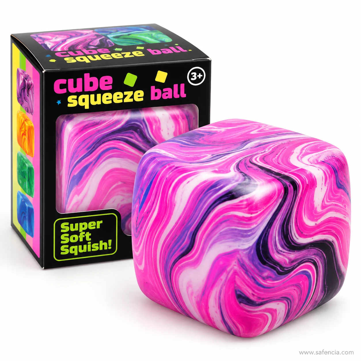 Pink and purple marble swirl squishy cube standing in front of its cube squeeze ball box