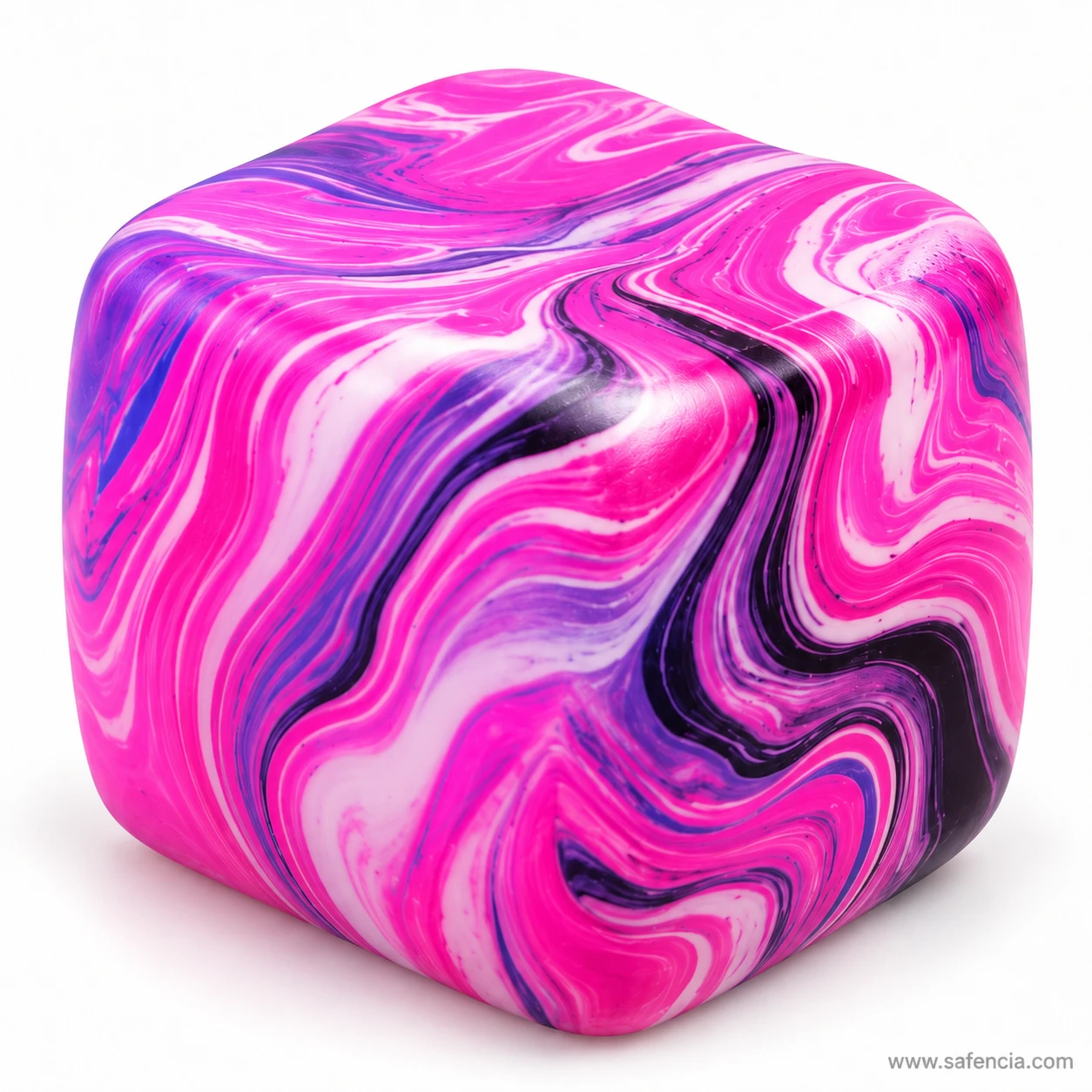 Close view of a pink, purple and black marble swirl squishy cube with softly rounded corners