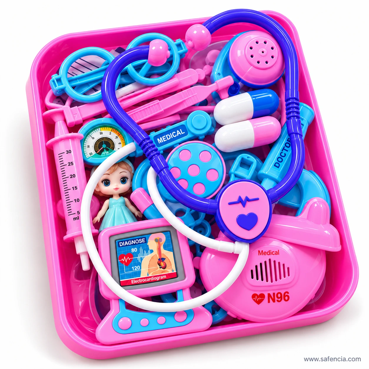 Pink doctor set tray at an angle showing the mini doll in a mint-blue dress beside the heart monitor printed DIAGNOSE