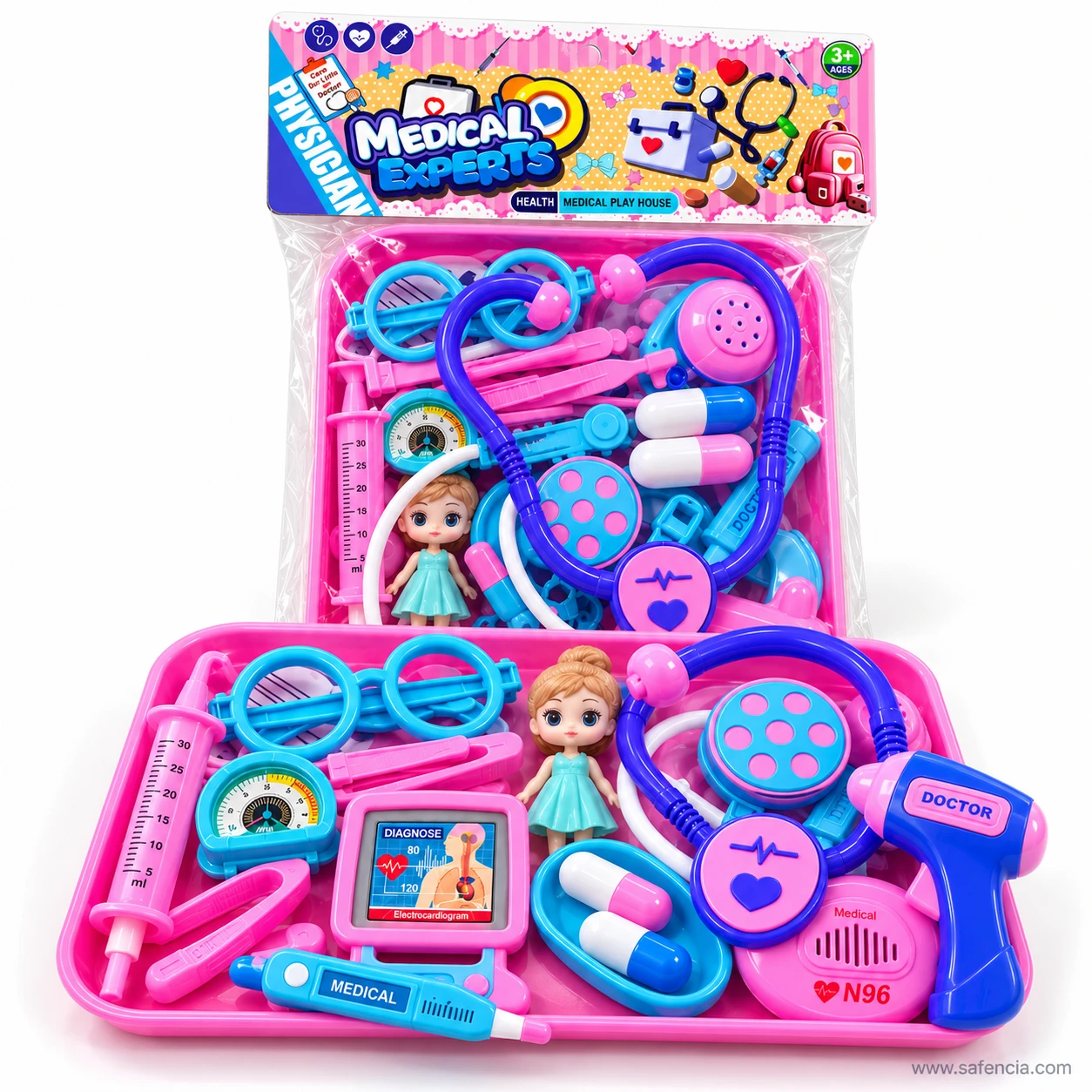 Doctor set pack beside its opened pink tray with the mini doll, glasses, syringe, dial gauge, heart monitor, capsules and thermometer gun laid out