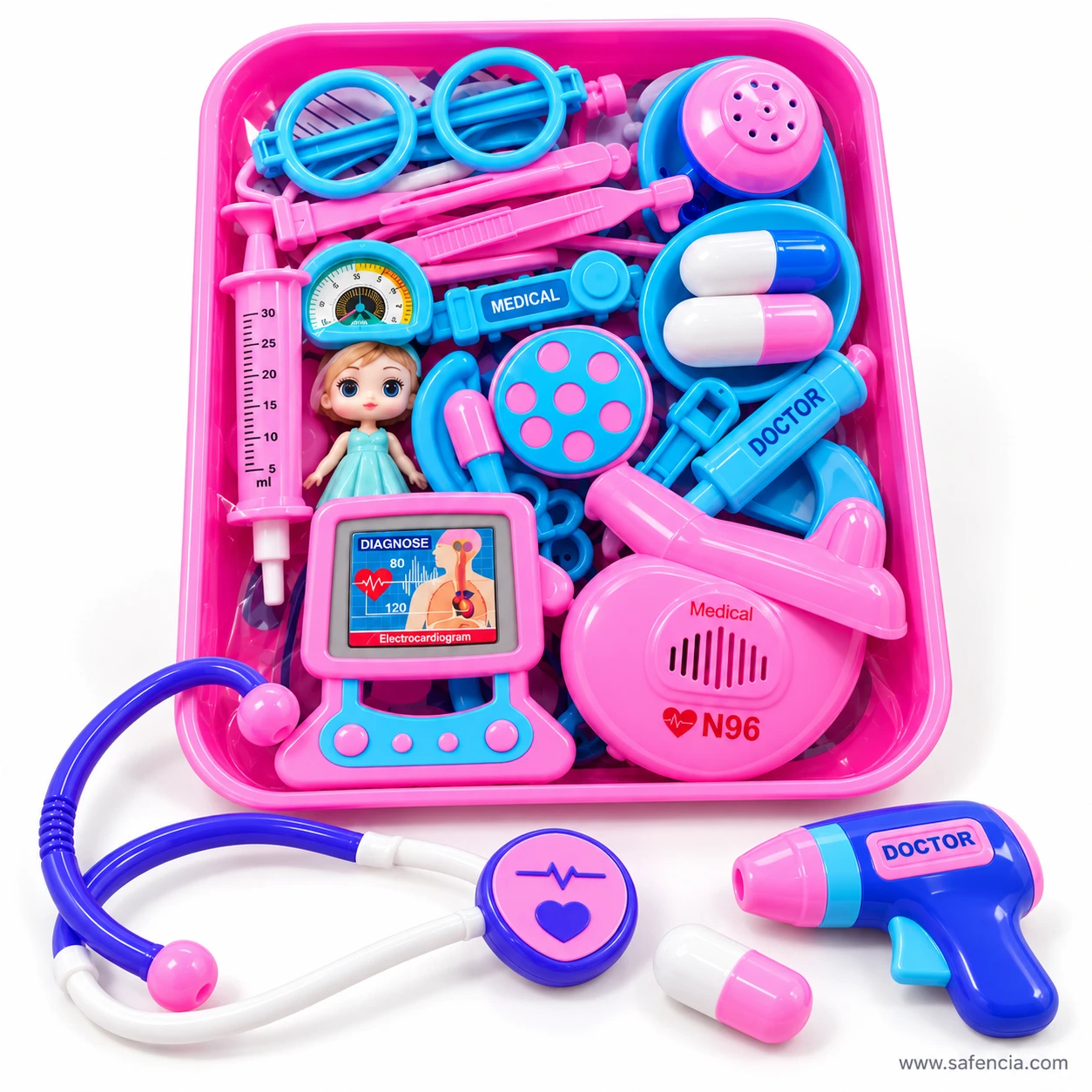 Purple toy stethoscope with a heart chest piece and a blue thermometer gun printed DOCTOR in front of the pink doctor set tray