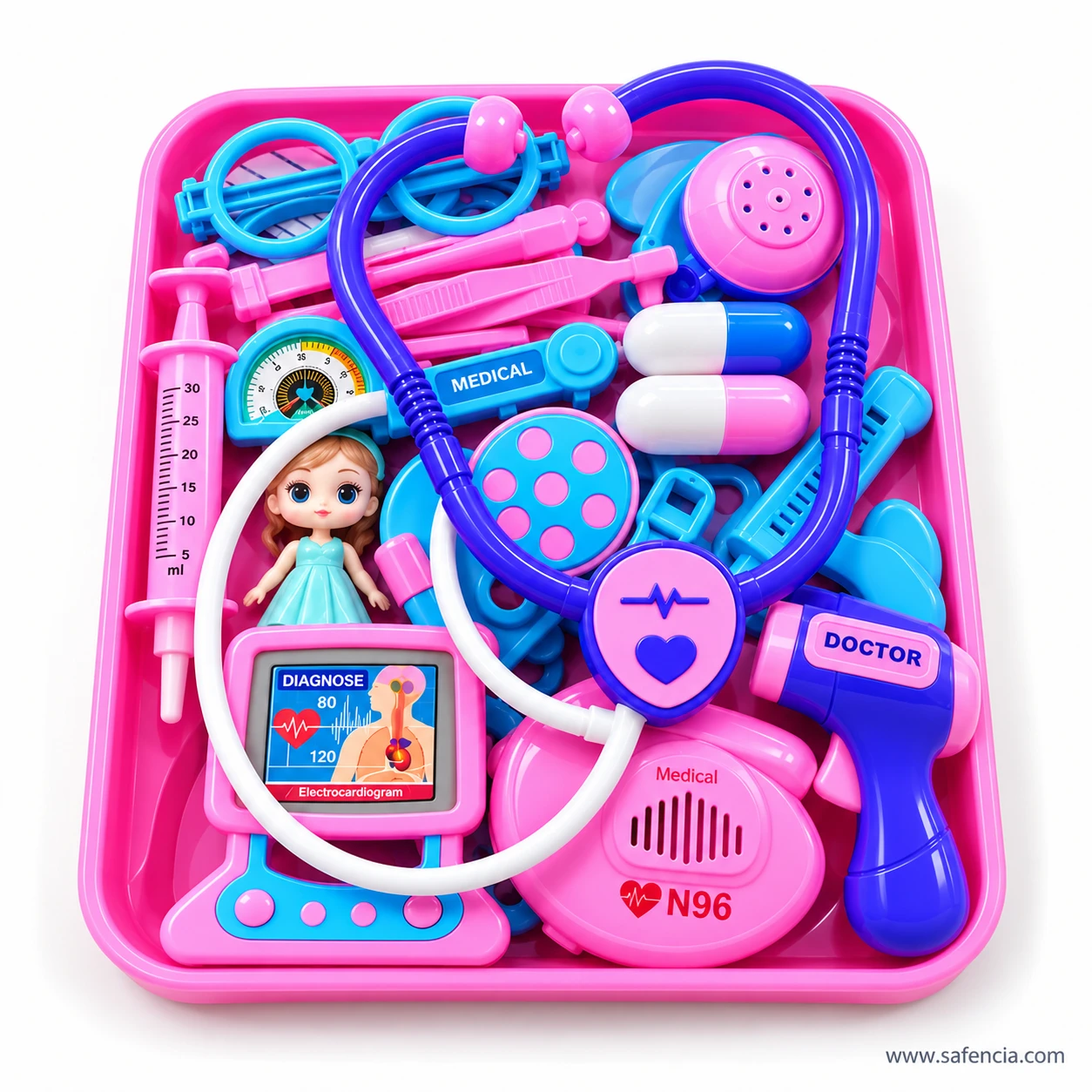 Top view of the pink doctor set tray holding a mini doll, syringe marked in ml, stethoscope, heart monitor and DOCTOR thermometer gun