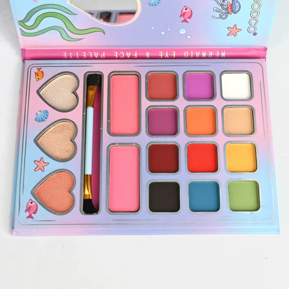 Mermaid 24-Colour Eye & Face Palette open view - eyeshadows, blushes, lip colours and highlighters