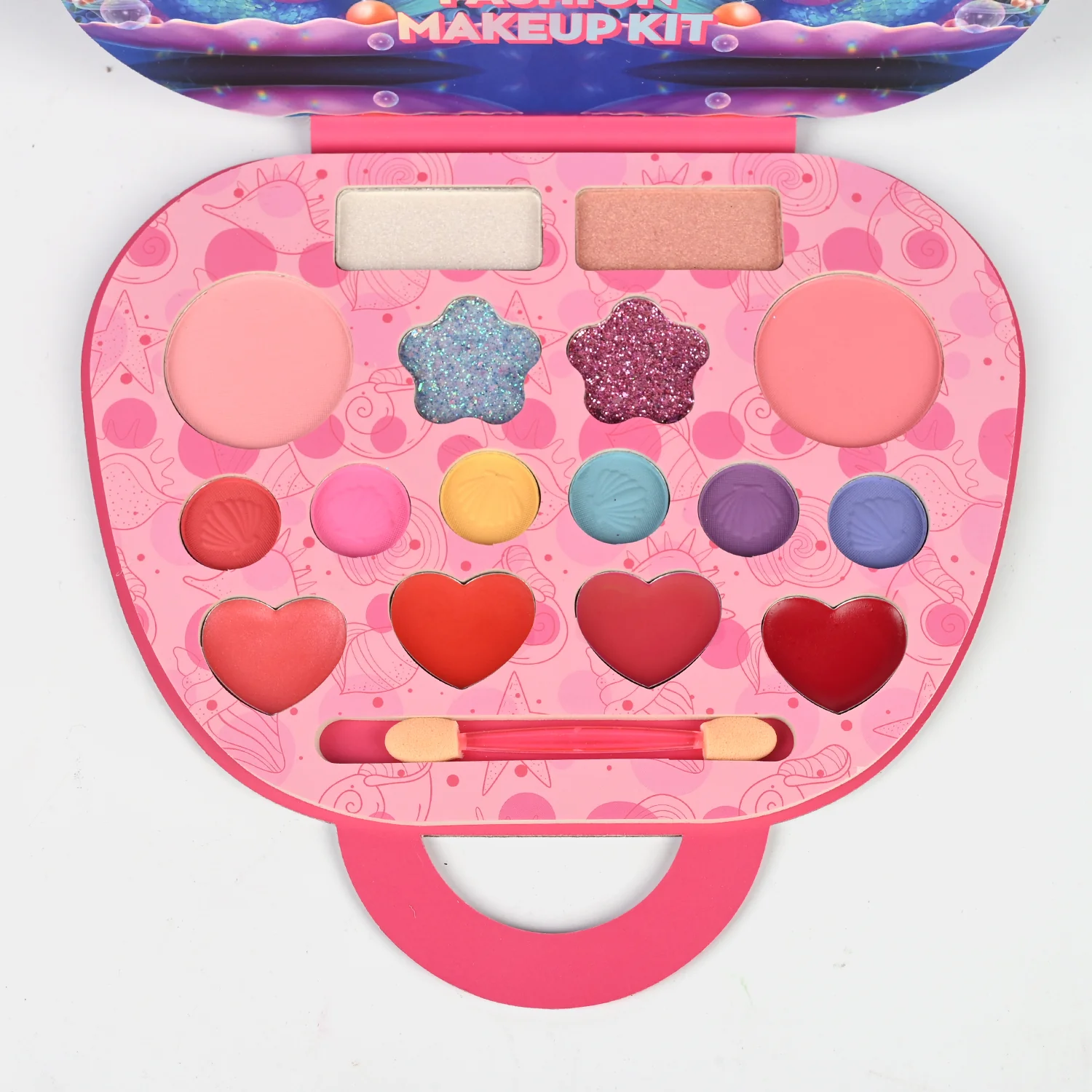 Mermaid Clamshell Makeup Handbag open view - heart eyeshadows, blushes and glitter