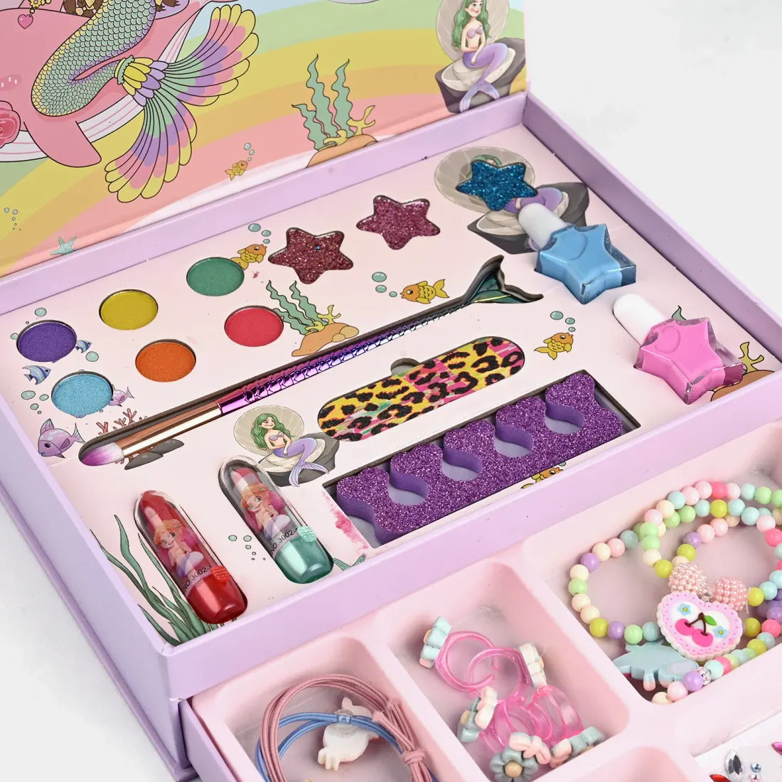 Mermaid Makeup & Jewellery Set open view - eyeshadows, lip glosses, nail polish and jewellery drawer
