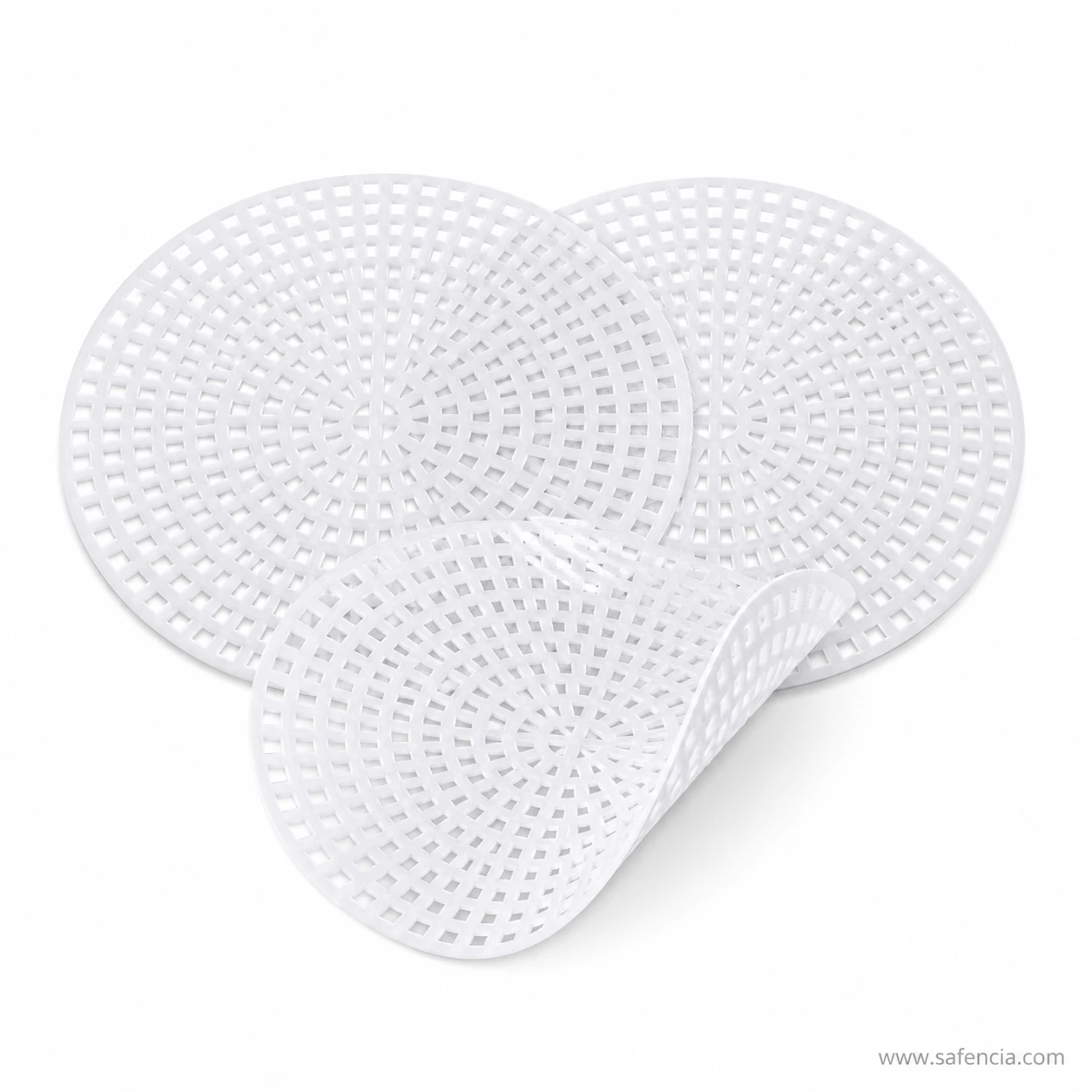 Plastic mesh disc flexing to show its 1.6mm sheet thickness