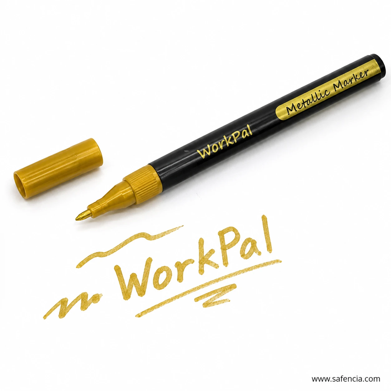 WorkPal gold metallic marker beside a gold sample written on white