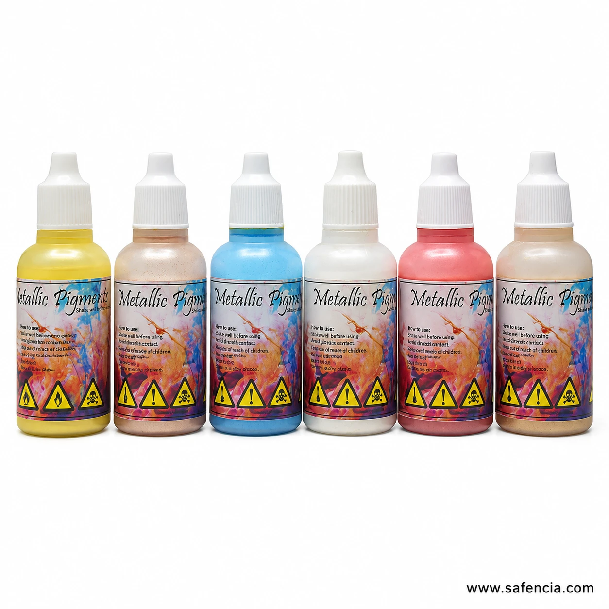 Metallic Pigments dropper bottles at an angle showing the white dropper caps