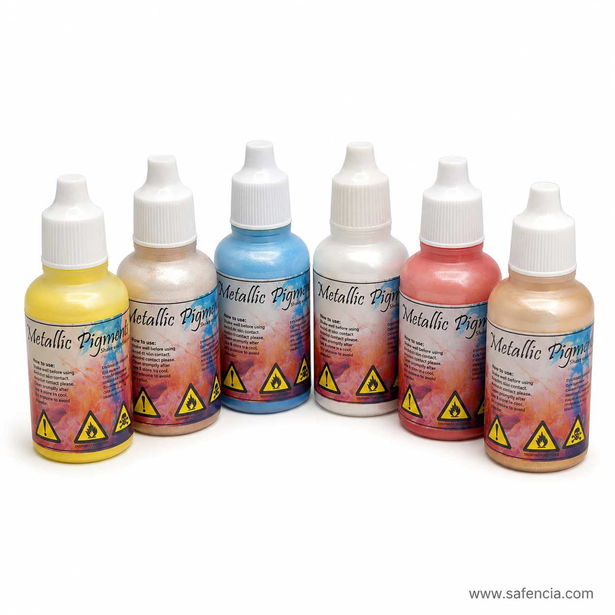 Metallic Pigments bottles showing printed hazard pictograms on the label