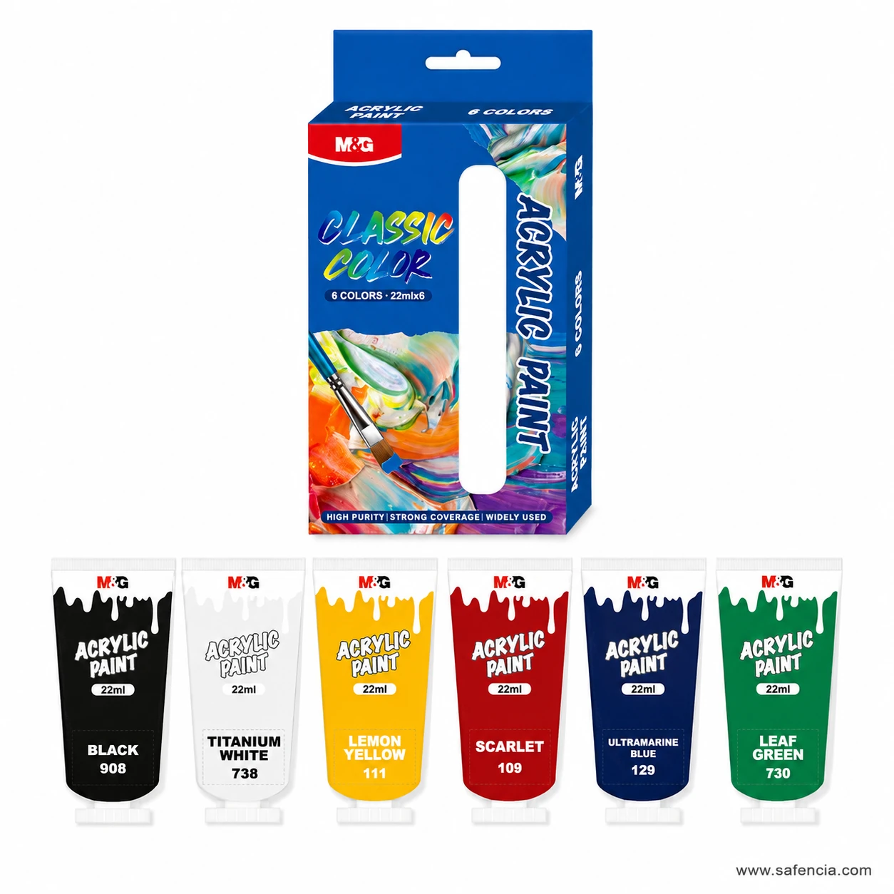M&G acrylic paint set with six 22 ml colour tubes and the box