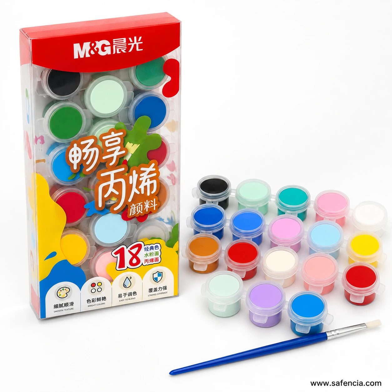 Angled view of the M&G 18-colour acrylic paint pots and brush