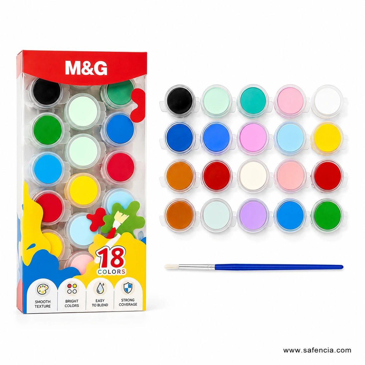 M&G 18-colour acrylic paint pots laid out beside the box with a brush