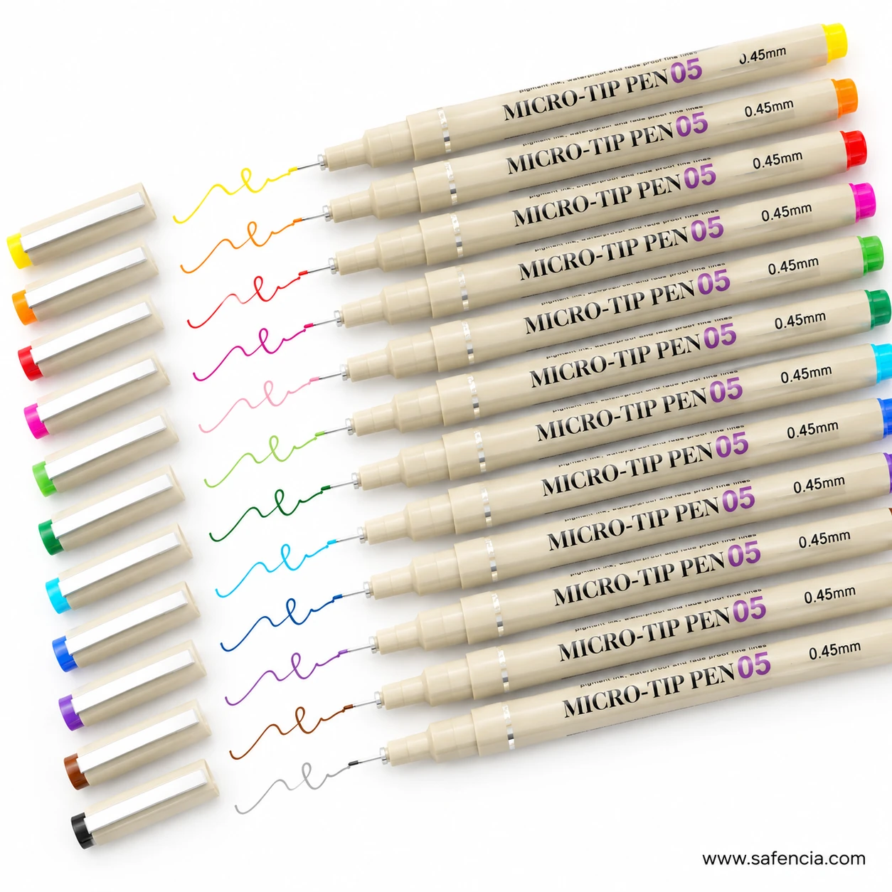Micro-Tip pens fanned out with their caps and written colour samples