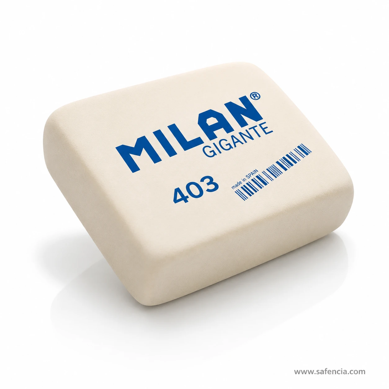 Close view of the Milan Gigante 403 eraser showing the thick profile and deeply rounded corners of the cream block