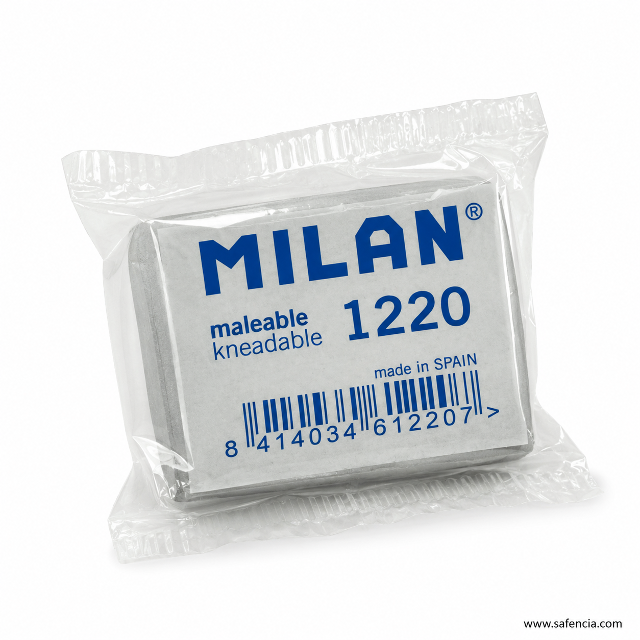 Milan 1220 kneadable eraser tilted to show the depth of the grey block through the clear wrapper