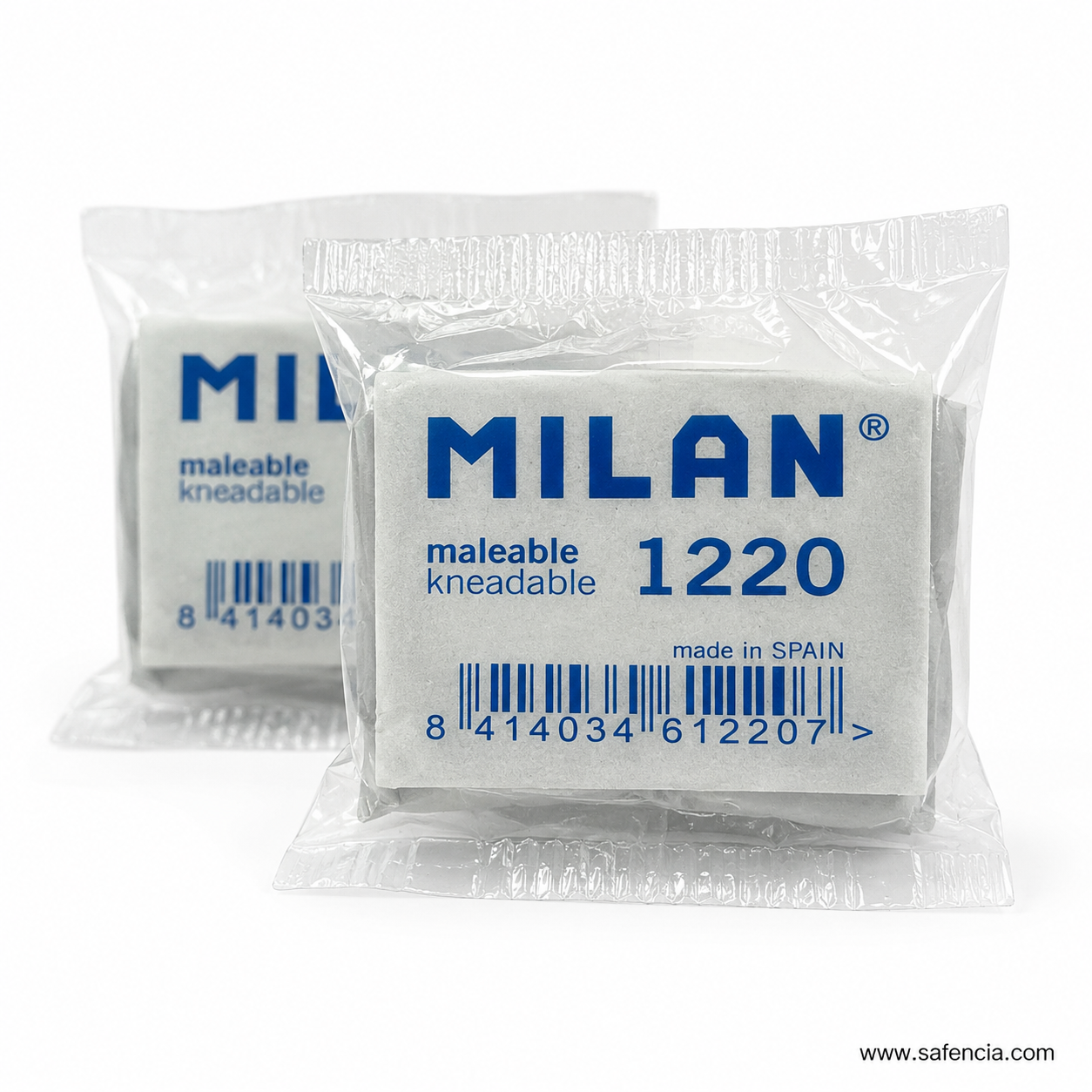 Two sealed Milan 1220 kneadable erasers, one sharp in the foreground and one behind, showing the printed band and barcode at close range