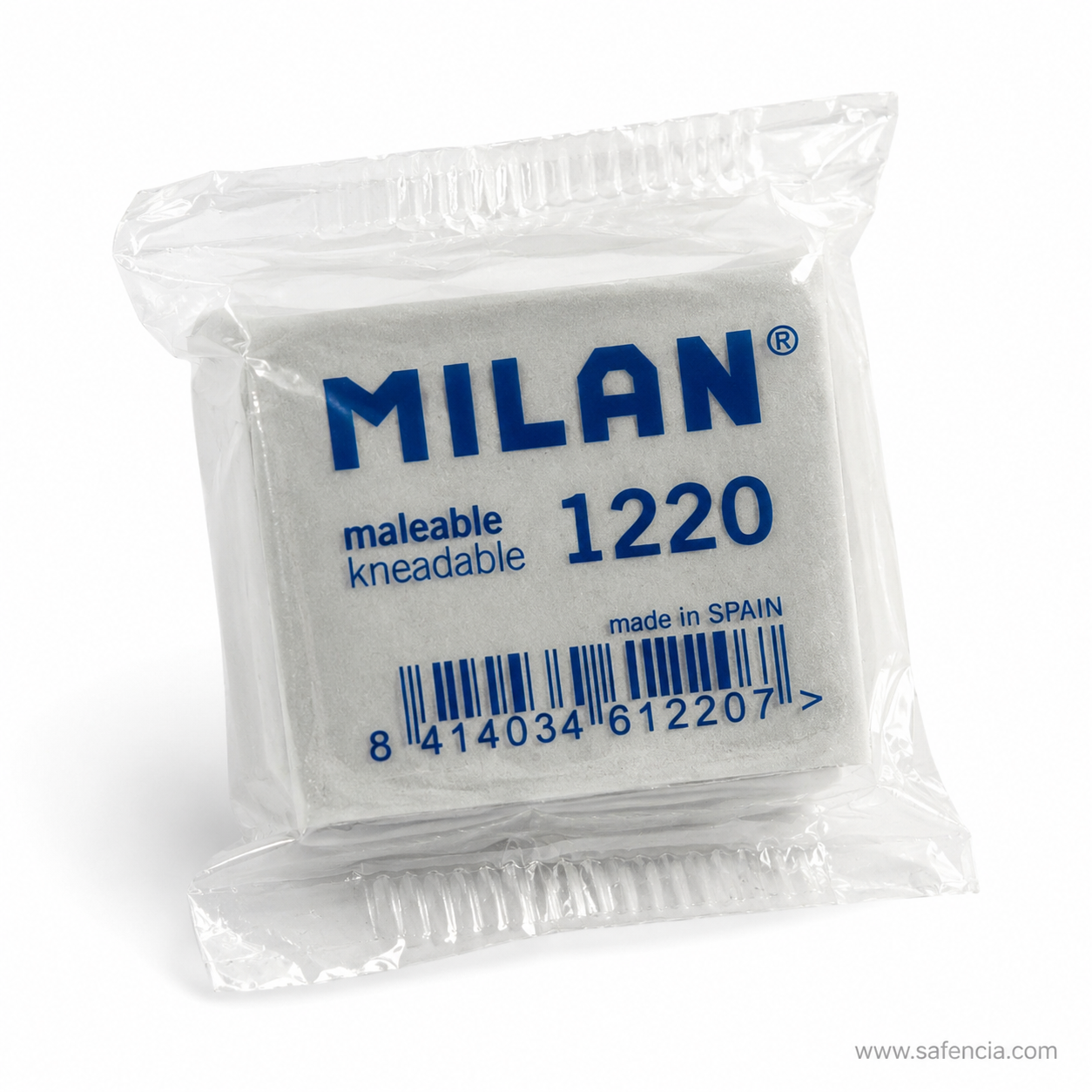 Milan 1220 kneadable eraser turned to a three-quarter angle, showing the crimped sealed edges of the film wrapper around the block