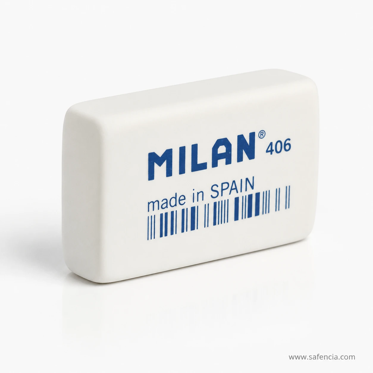Close view of a single Milan 406 eraser showing the rounded corners and the crisp blue printing on the white rubber