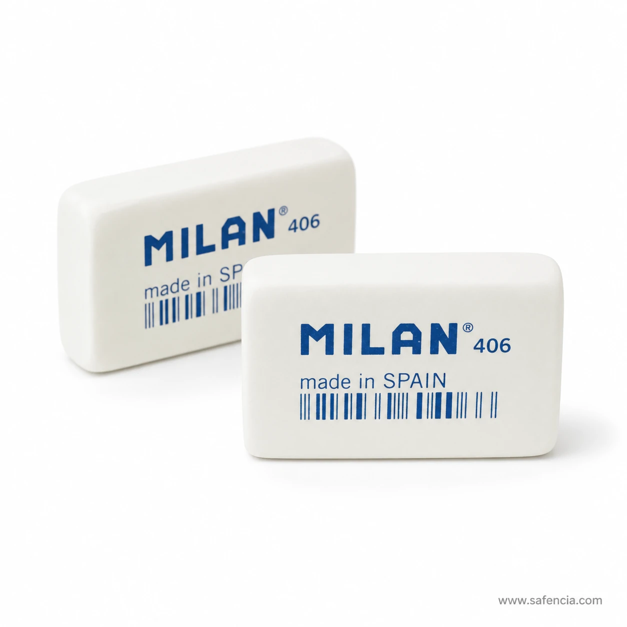 Two Milan 406 erasers standing against white, one behind the other, both showing the blue printed branding
