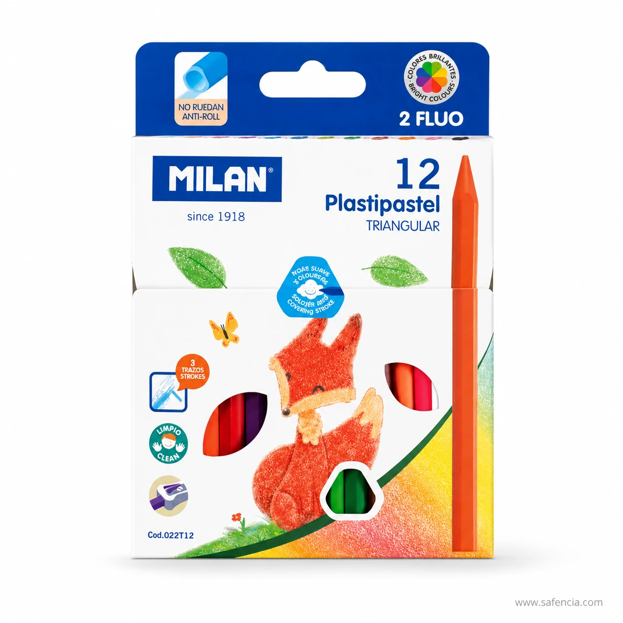 Milan Plastipastel 12 colour box flashed 2 FLUO with the anti-roll mark