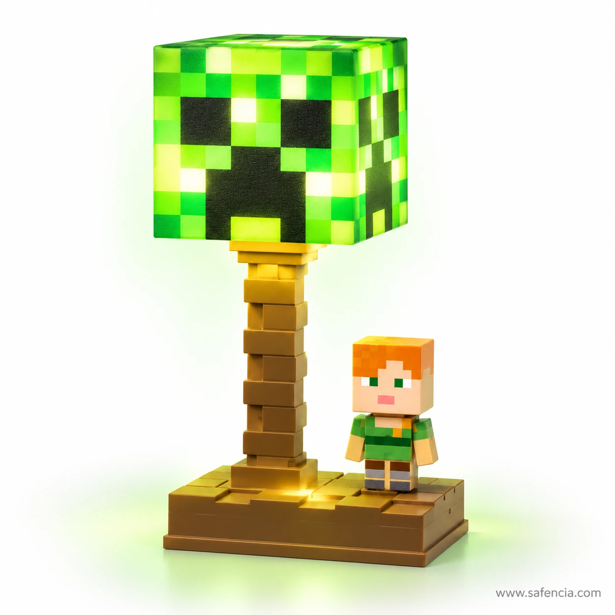 Minecraft Creeper lamp switched on, casting a soft green glow across the table around its base